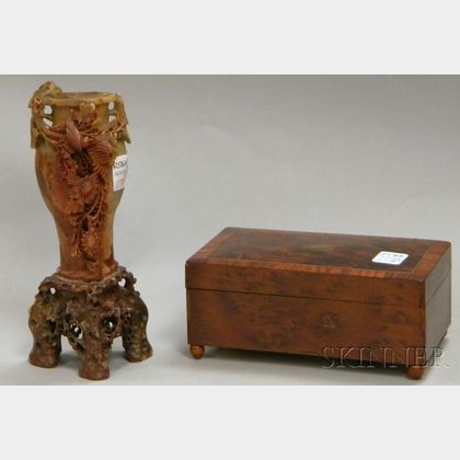 Chinese Carved Soapstone Figural Vase and Stand and an Inlaid Burlwood Veneer Music Box