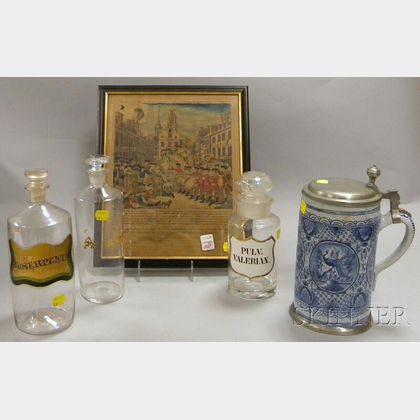 Delft Blue and White-decorated Tin Glazed Stein, Three Colorless Glass Apothecary Jars, and a Framed Sidney L. Smith Re-engraving of Pa