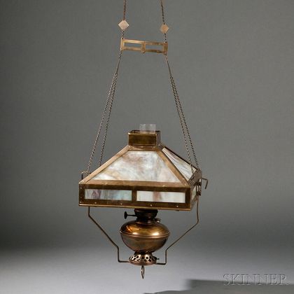 Arts & Crafts Brass and Slag Glass Hanging Oil Lamp