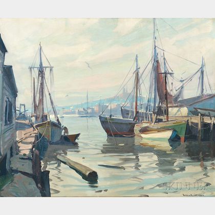 Emile A. Gruppé (American, 1896-1978) Boats Docked in Gloucester Harbor
