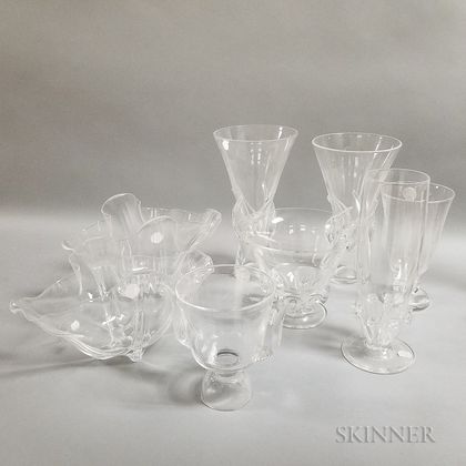 Eight Steuben Colorless Glass Bowls and Vases