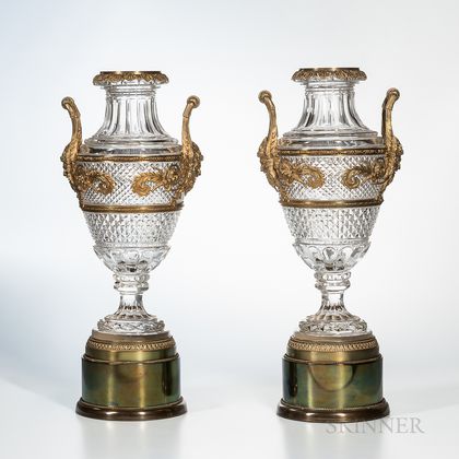 Pair of Gilt-bronze-mounted Crystal Urns on Drum Bases