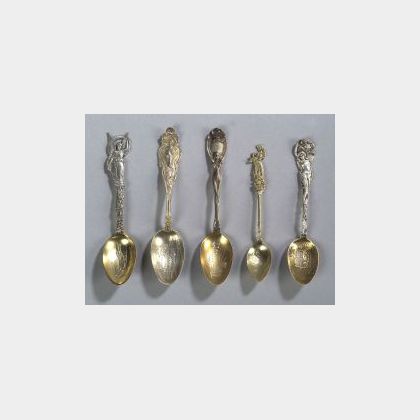 Five Sterling Souvenir Spoons with Lady Handles