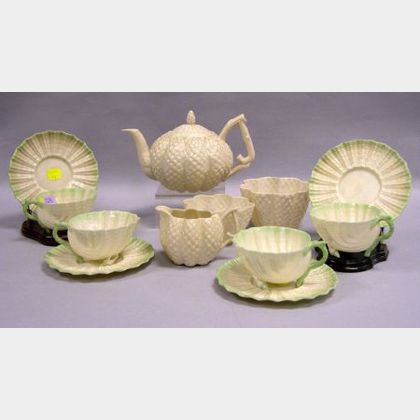 Set of Four Belleek Porcelain Shell-form Cups and Saucers, and a Four-Piece Belleek Porcelain Tea Set