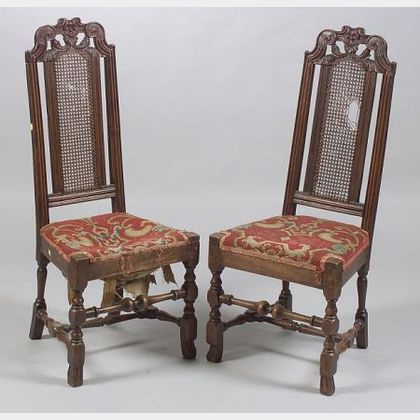 Pair of Jacobean Carved Walnut and Part-caned Side Chairs