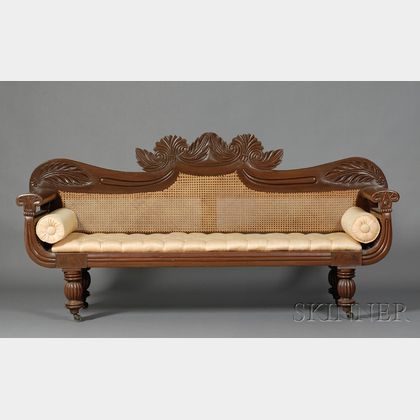 Neoclassical Mahogany Carved Caned Sofa