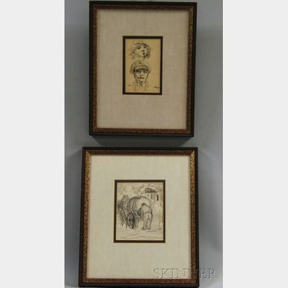 Obad Diaho (Israeli, 20th Century) Two Framed Sketchbook Pages: Man with Cart