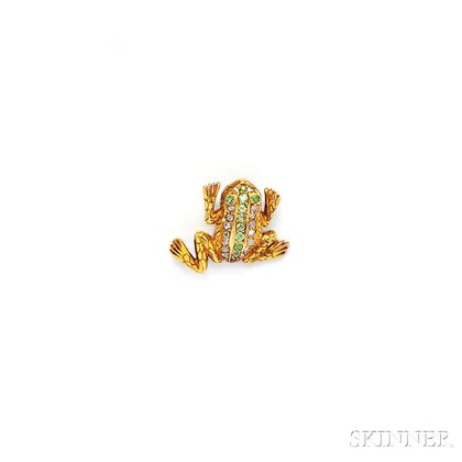 18kt Gold, Demantoid Garnet, and Diamond Frog Brooch