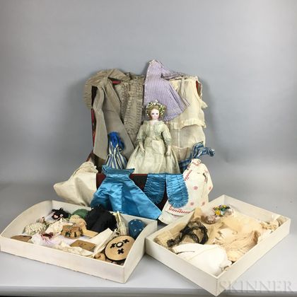 French Bisque Head Fashion Doll with Trunk, Clothing, and Accessories