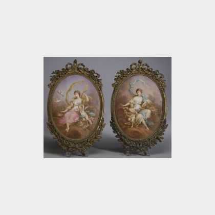 Pair of French Painted Porcelain Wall Plaques of Venus and Cupid