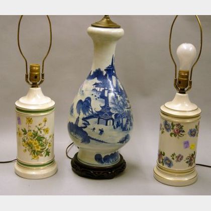 Large Chinese Export Canton Porcelain Vase Table Lamp and Two European-style Porcelain Canister-form Table Lamp... 
