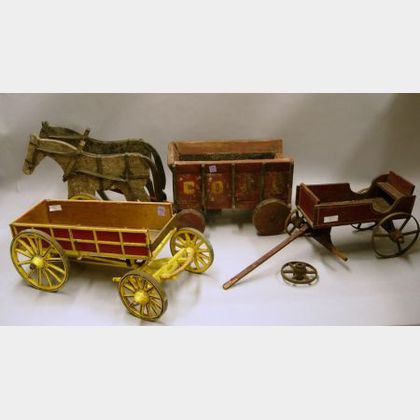 Folk Painted Wooden Horse-drawn Coal Wagon and Two Painted and Metal-mounted Wooden Wagons. 