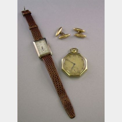 Two Art Deco 14kt Gold Watches and a Pair of Antique 15kt Gold Cuff Links. 