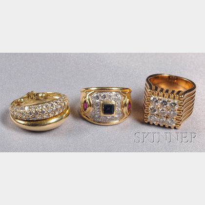 Three 18kt Gold, Diamond, and Gem-set Rings