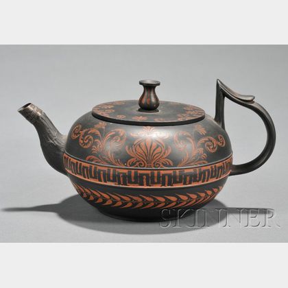 Encaustic Decorated Black Basalt Teapot and Cover