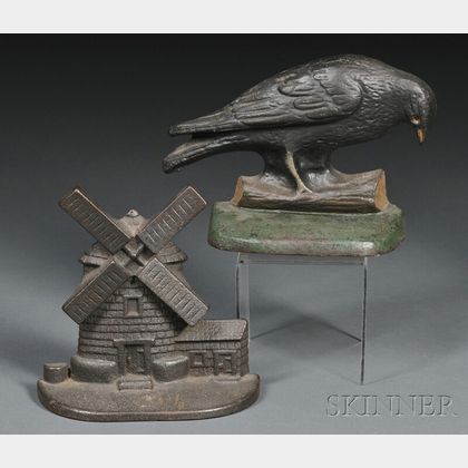 Cast Iron Windmill and Crow Doorstops or Bookends