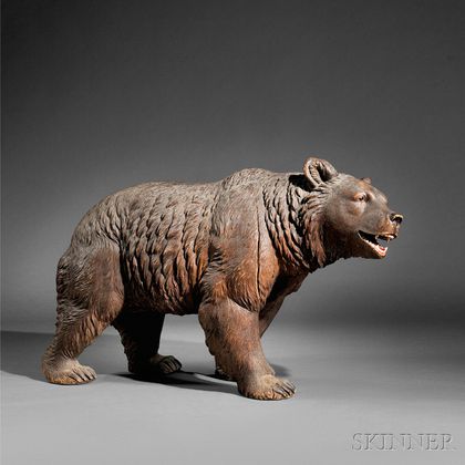 Life-size Polychrome Carved Walnut Bear