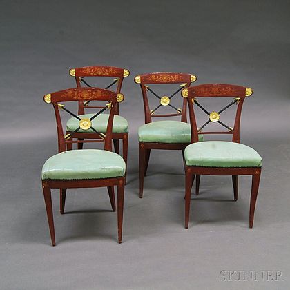 Set of Four Neoclassical Carved, Painted, and Parcel-gilt Side Chairs