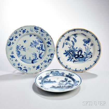 Three English Delft Blue and White Chargers
