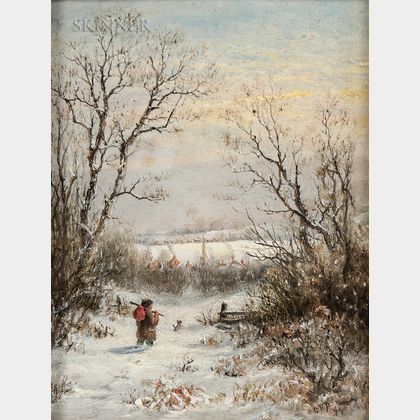 Charles Franklin Pierce (American, 1844-1920) Heading Home/Figure and Dog in a Winter Landscape