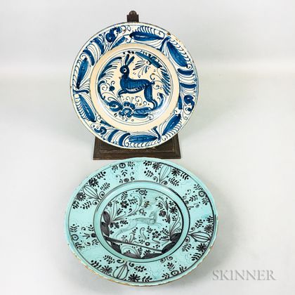 Faience Charger with Stag Decoration and a Blue and White Charger with Rabbit Decoration