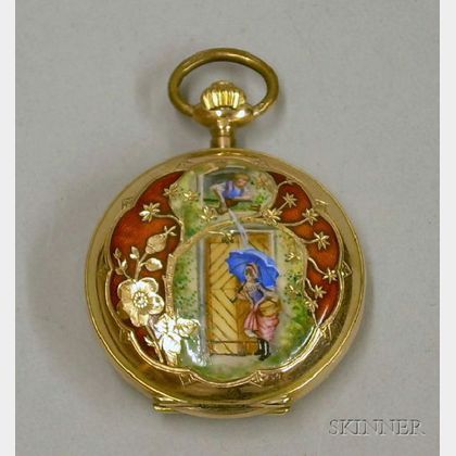 14kt Gold and Enamel Decorated Ladys Pocket Watch. 