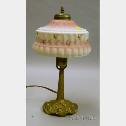 Painted Frosted Opaque Molded Glass and Gold-painted Cast Metal Boudoir Table Lamp