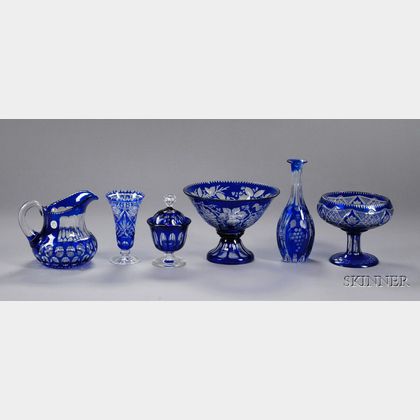 Six Pieces of Cobalt Cut to Clear Glass Items