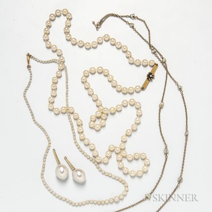 Two Pearl Necklaces, a Gold-filled Chain Necklace with Pearls, and Two Pearl and Diamond Drops. Estimate $250-350