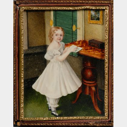 Portrait Miniature with an Interior Scene of a Little Girl Wearing a White Dress