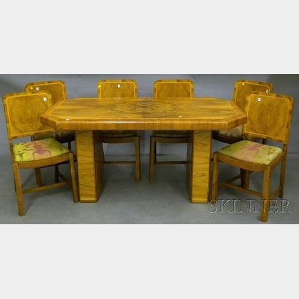Art Deco Inlaid Burl Veneer Double-pedestal Dining Table and Six Side Chairs