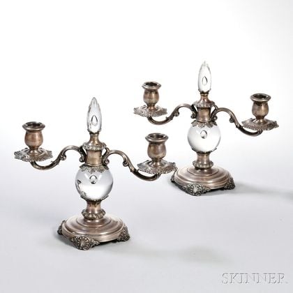 Pair of Quaker Silver Co. Sterling Silver and Glass Two-light Candelabra