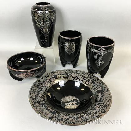 Five Silver Overlay Glass Vessels