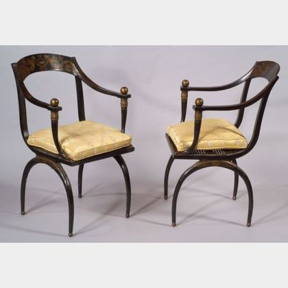Pair of Empire-style Ebonized and Caned Armchairs