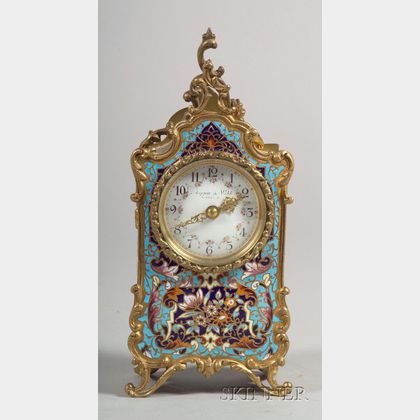 French Louis XV-style Gilt Metal Champleve Enamel Boudoir Timepiece