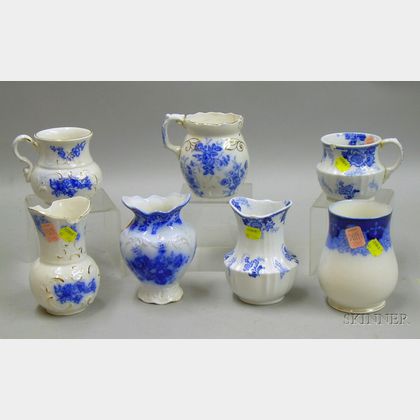 Three Staffordshire Blue and White Transfer Shaving Mugs and Four Chamber Vases. 