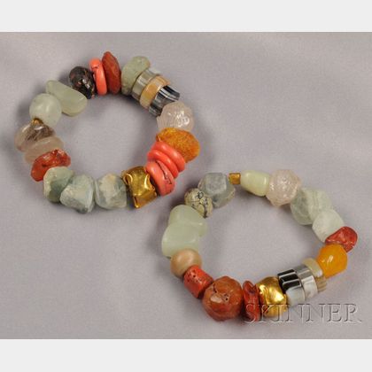 Two Expandable Tumbled Fluorite, Coral, Agate, Beryl, and Amber Bead Bracelets
