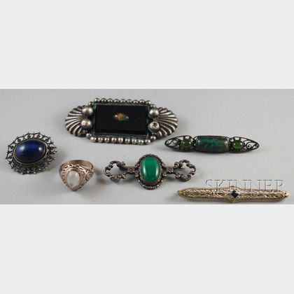 Five Silver and Stone Jewelry Items and a White Gold Bar Pin