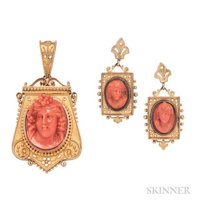 Antique Gold and Coral Cameo Suite