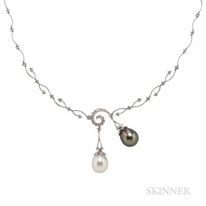 18kt White Gold, Cultured Pearl, and Diamond Necklace