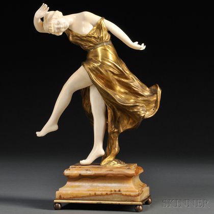 After Antoine Orlandini (French, 1886-1956) Art Deco Bronze and Ivory Figure of a Dancing Maiden