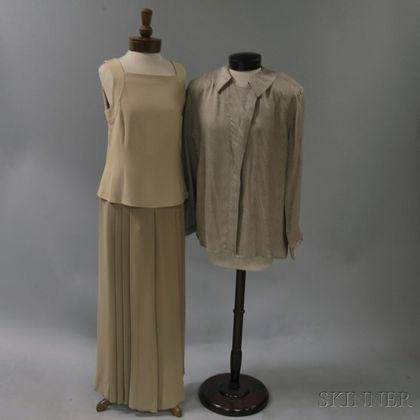 Giorgio Armani Taupe Silk Blend Lady's Blouse and Trousers