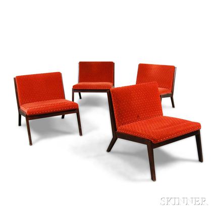 Four Contemporary Upholstered Wood Lounge Chairs