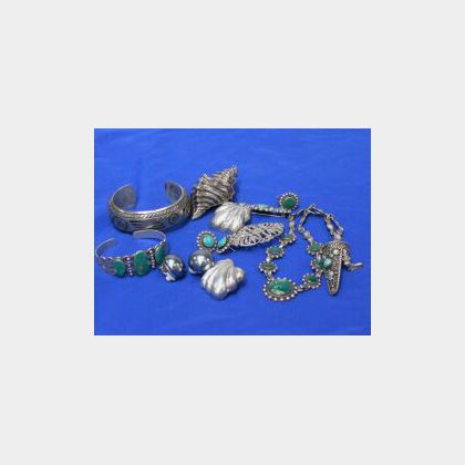 Group of Eight Mexican Silver and Turquoise Jewelry Items