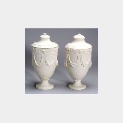 Pair of Wedgwood Queen&#39;s Ware Vases and Covers