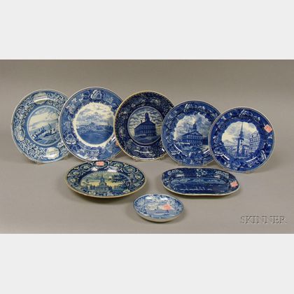 Eight English Transfer Blue and White Staffordshire Plates and Dishes