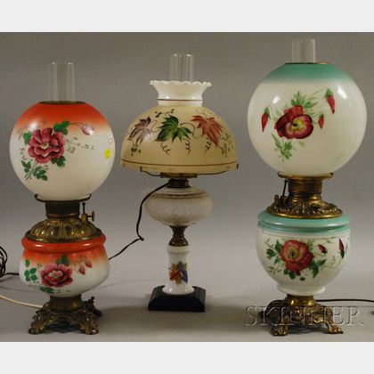 Three Late Victorian Hand-painted Glass Kerosene Lamps with Metal Fittings