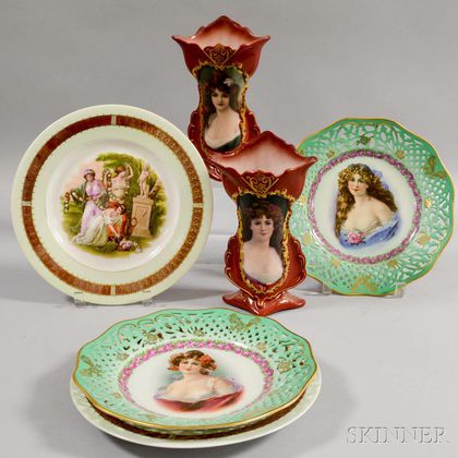 Two Continental Porcelain Portrait Vases and Four Plates
