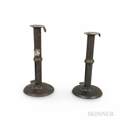 Two Reproduction Brass-banded Iron Hogscraper Candlesticks