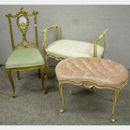 Louis XV Style Upholstered Carved and Painted Bench, Stool, and a Side Chair